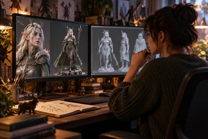 A game character artist at a warmly lit desk, examining a fantasy character model on two monitors, candid side view