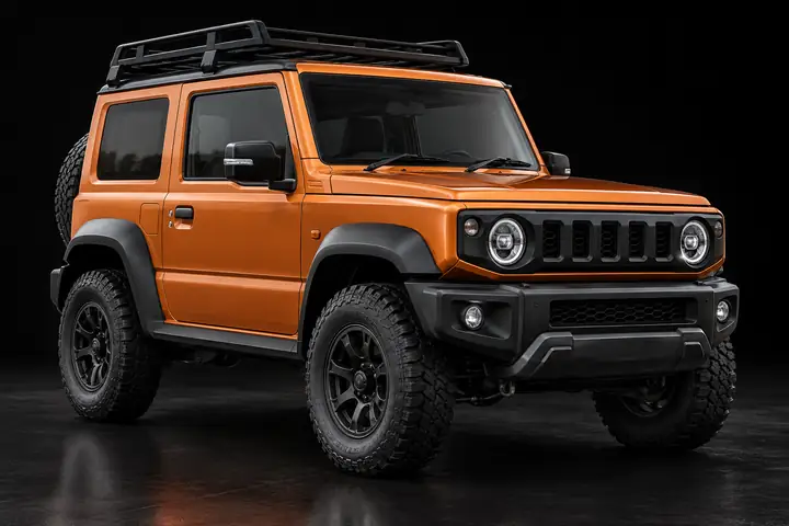 Three-quarter studio view of a small orange off-road SUV rendered as a detailed 3D model on a black background