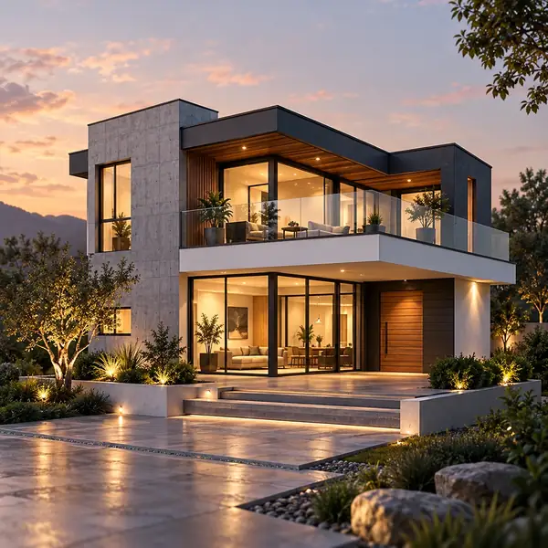 Architectural reference of a modern two-story house with warm interior lighting