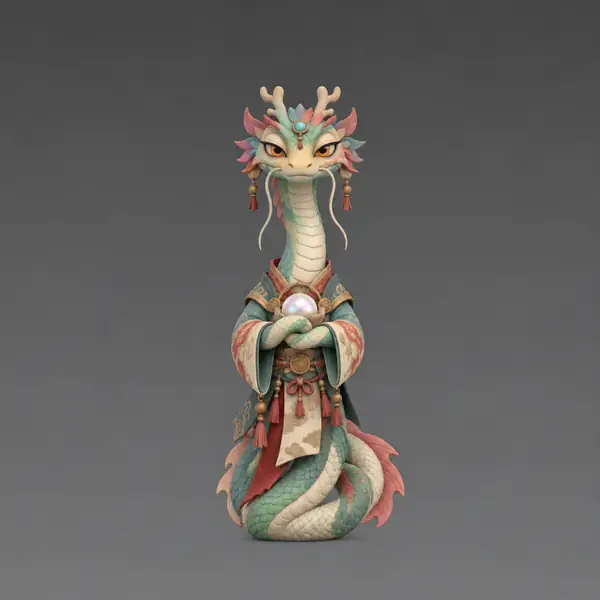 Colorful serpentine fantasy character presented as a 3D model