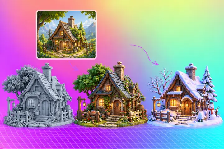 Concept-to-3D workflow showing a cottage reference and several modeled versions