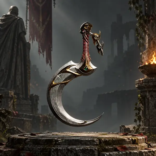 Fantasy curved dagger shown as an isolated three-dimensional game prop