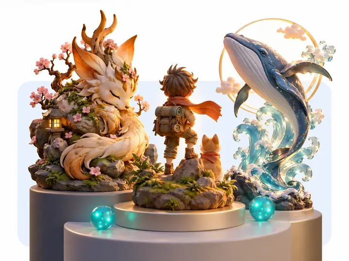 Finished three-dimensional figurines arranged as examples for 3D printing