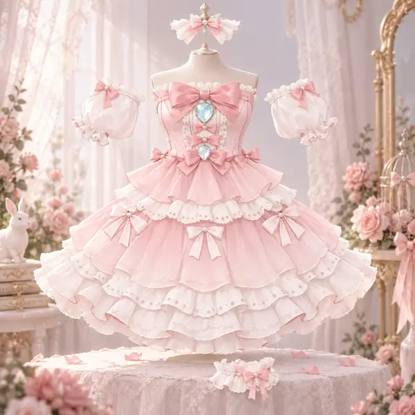 Front-facing design reference for a delicate layered pink fantasy dress