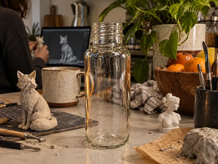 Glass bottle surrounded by other objects on a cluttered kitchen counter