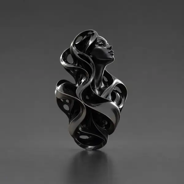 Glossy black sculptural 3D character viewed in a studio setting