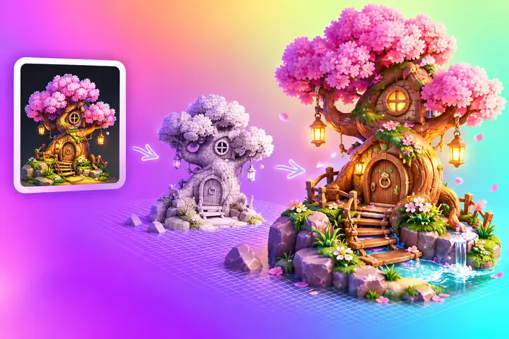 Illustrated workflow transforming a treasure-chest reference into a colorful 3D model