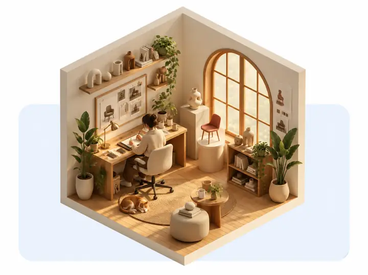 Interior design objects and furnishings presented as three-dimensional models