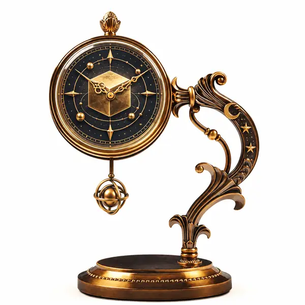 Isolated illustration of an ornate antique clock on a curved brass stand