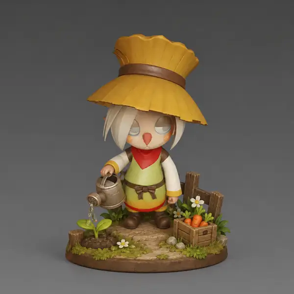 Small character in a wide yellow hat presented as a 3D figurine