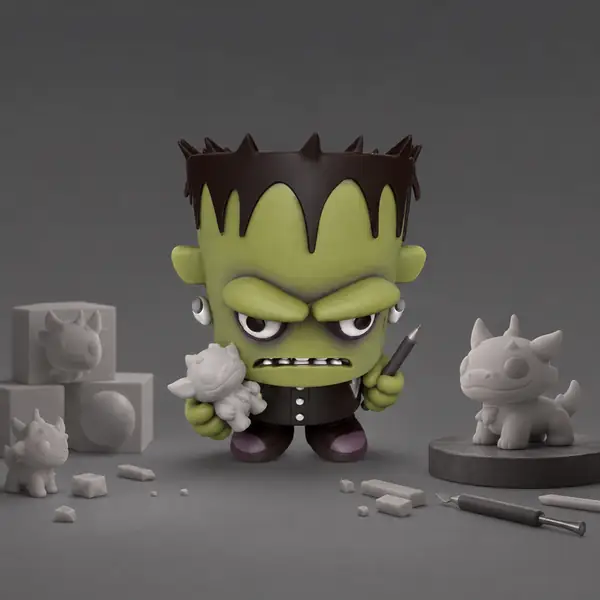 Stylized 3D model of a small green character with spiky dark hair