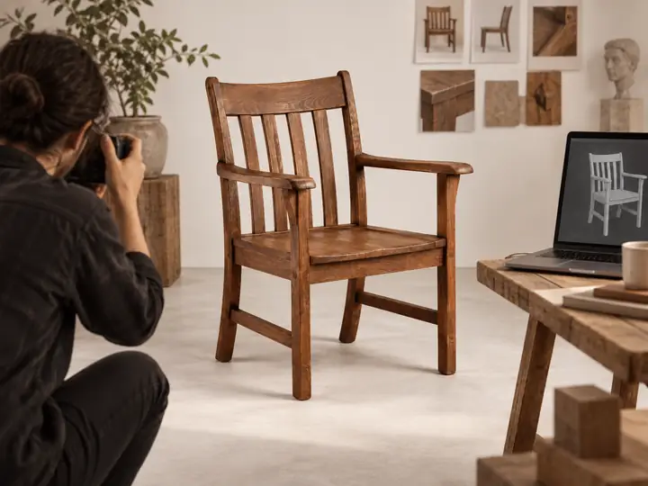 Wooden chair photographed at an angle that reveals its seat, arms, legs, and back